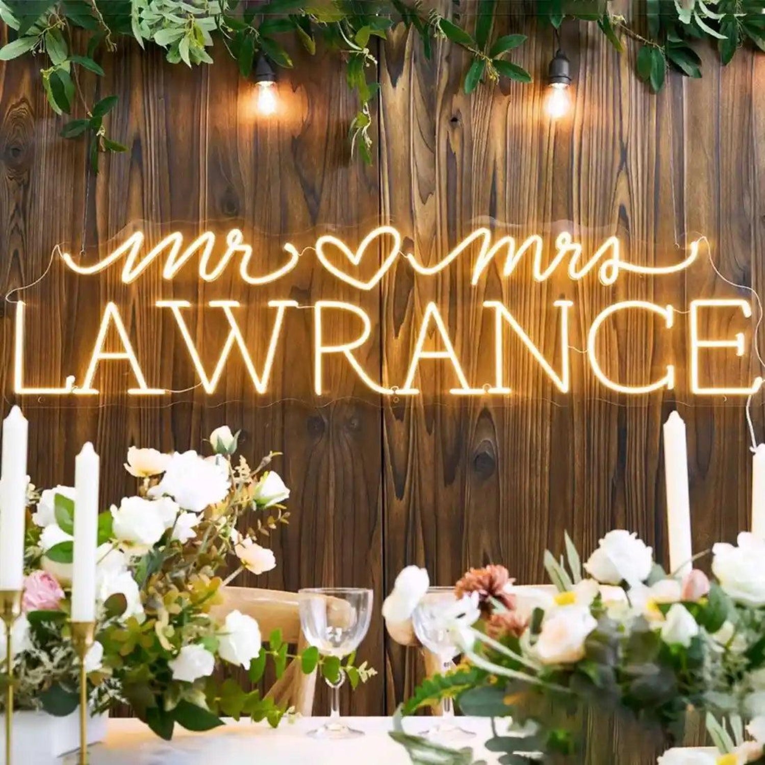 Mr Mrs Lawrance Heart LED Neon Sign Wedding Decor | Shineneon
