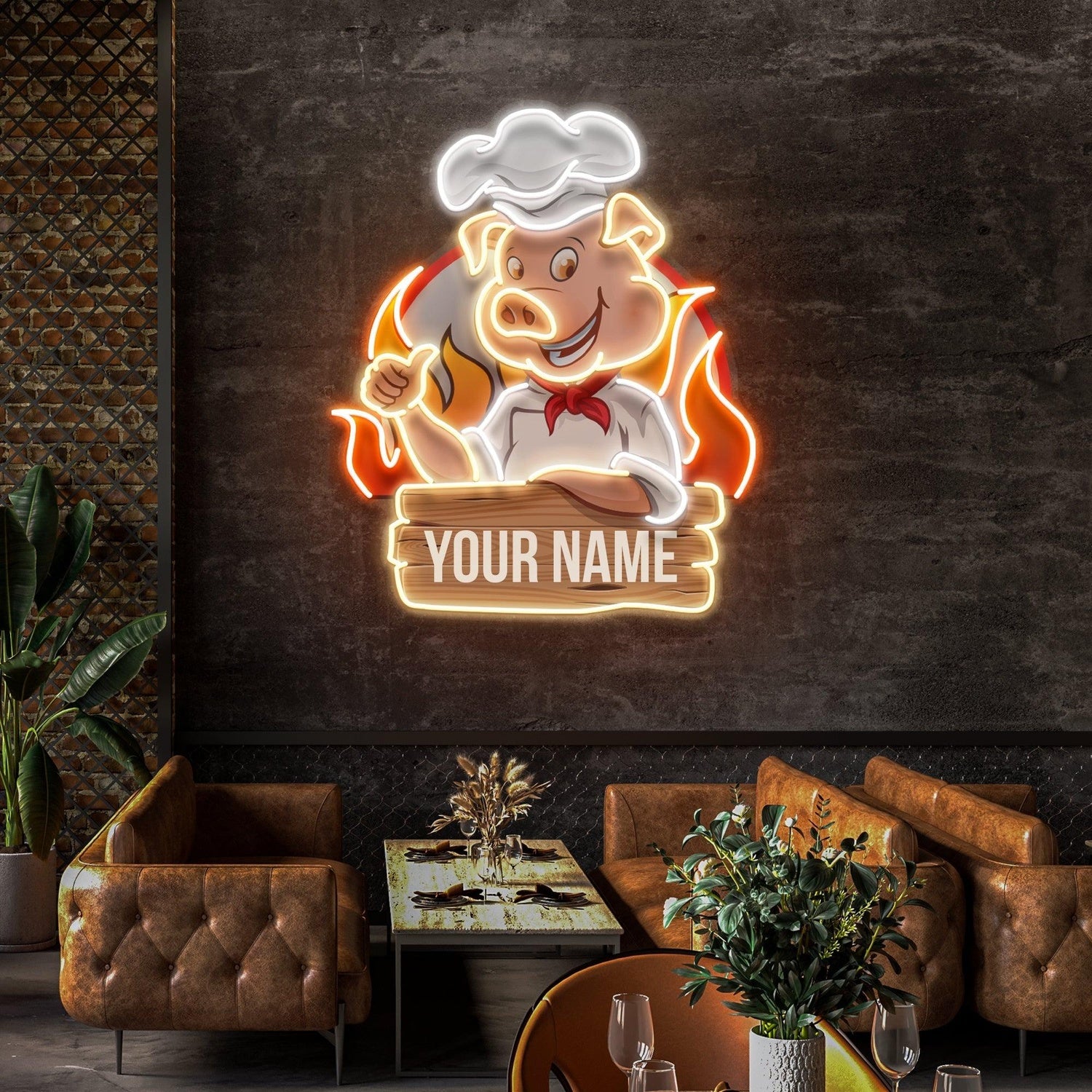 Multi-Color Cartoon Pig Chef Bbq Uv Printed Led Neon Sign Artwork For Restaurant Decor | Shineneon