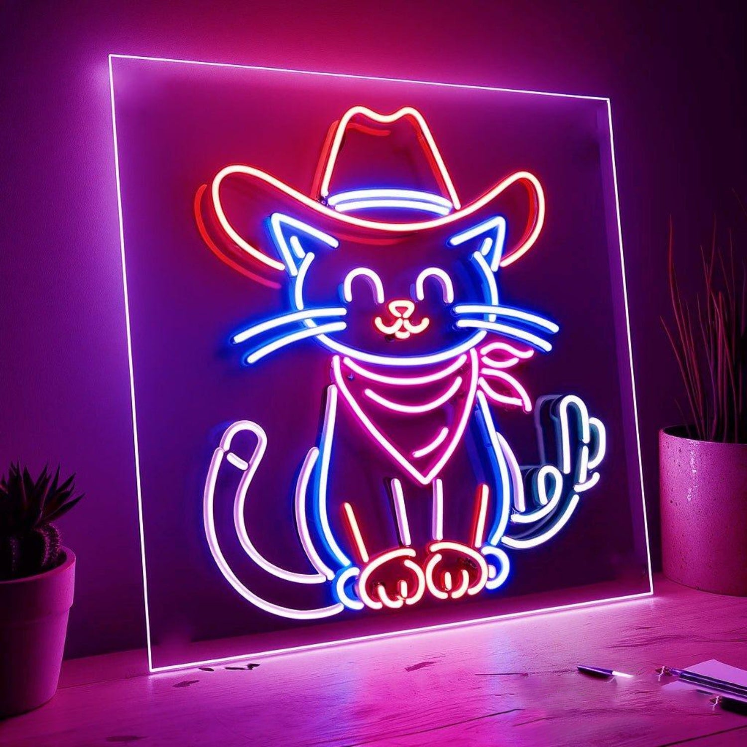 Multicolor Cowboy Cat With Cactus Led Neon Sign For Indoor Decor | Shineneon
