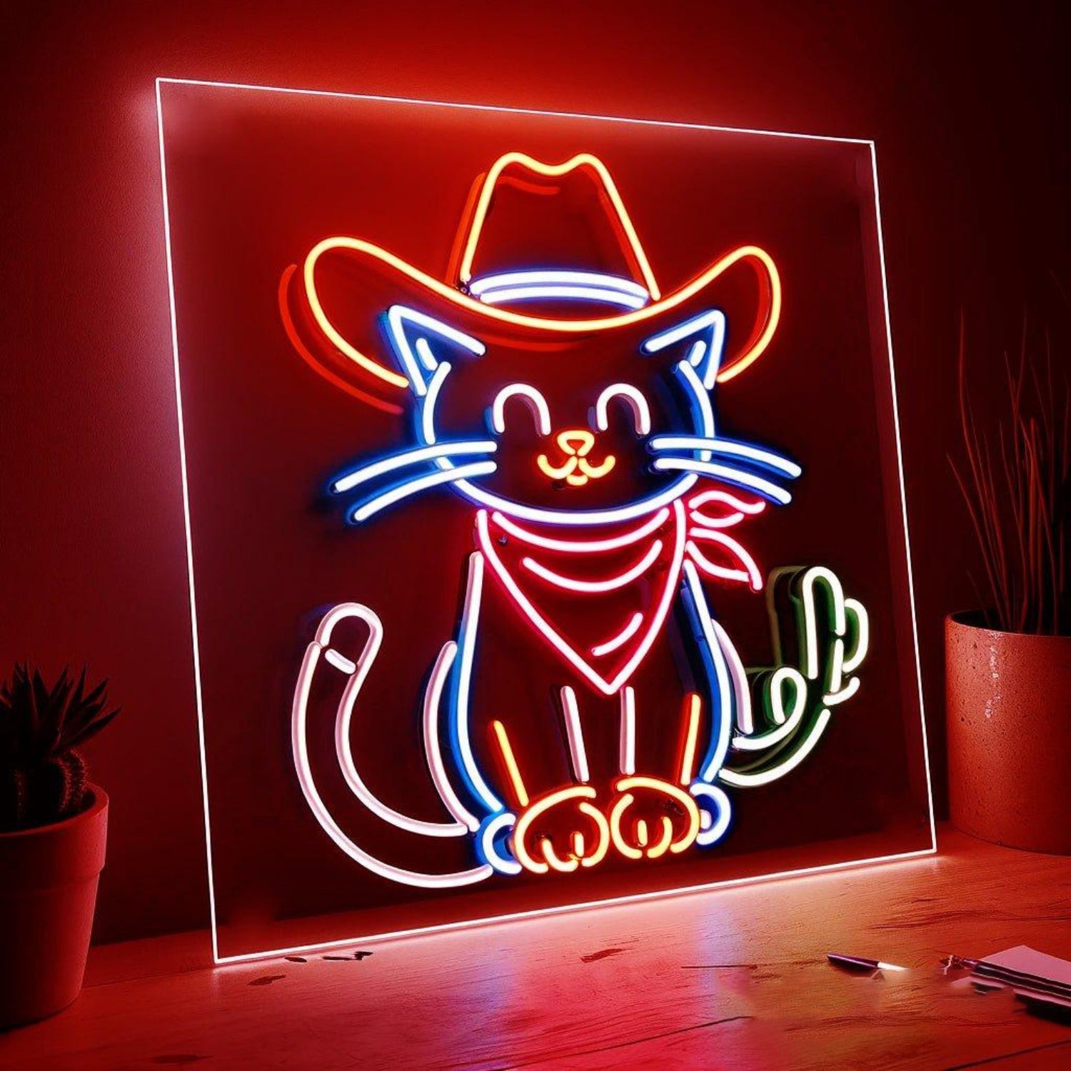Multicolor Cowboy Cat With Cactus Led Neon Sign For Indoor Decor | Shineneon