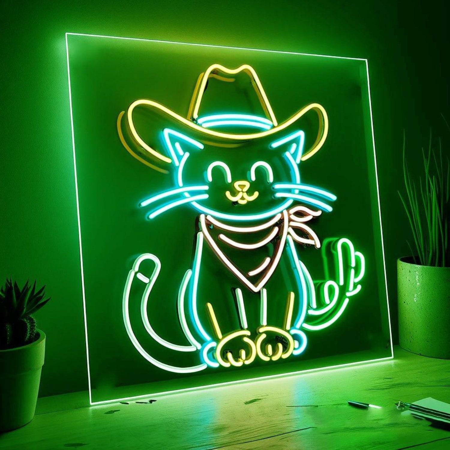 Multicolor Cowboy Cat With Cactus Led Neon Sign For Indoor Decor | Shineneon