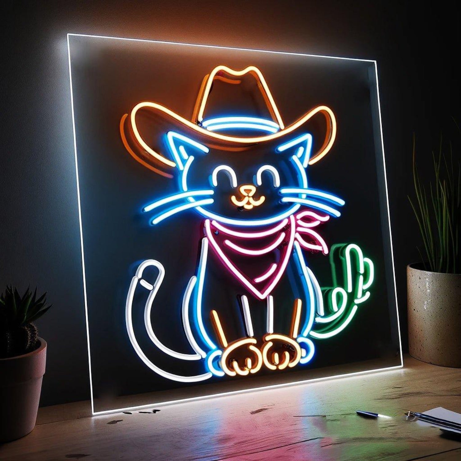 Multicolor Cowboy Cat With Cactus Led Neon Sign For Indoor Decor | Shineneon