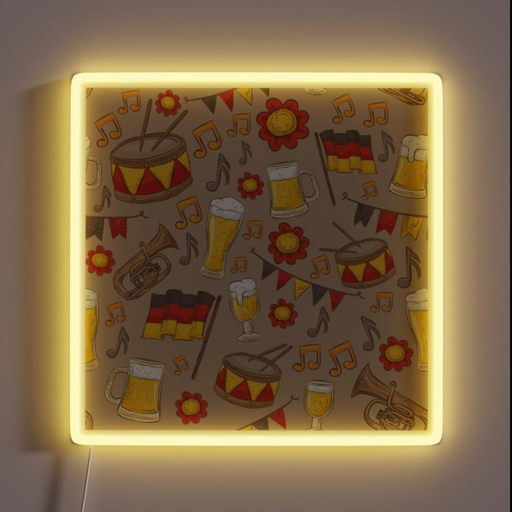 Music And Beer Oktoberfest Pattern Beige Rgb Led Neon Sign - Custom LED neon sign front view