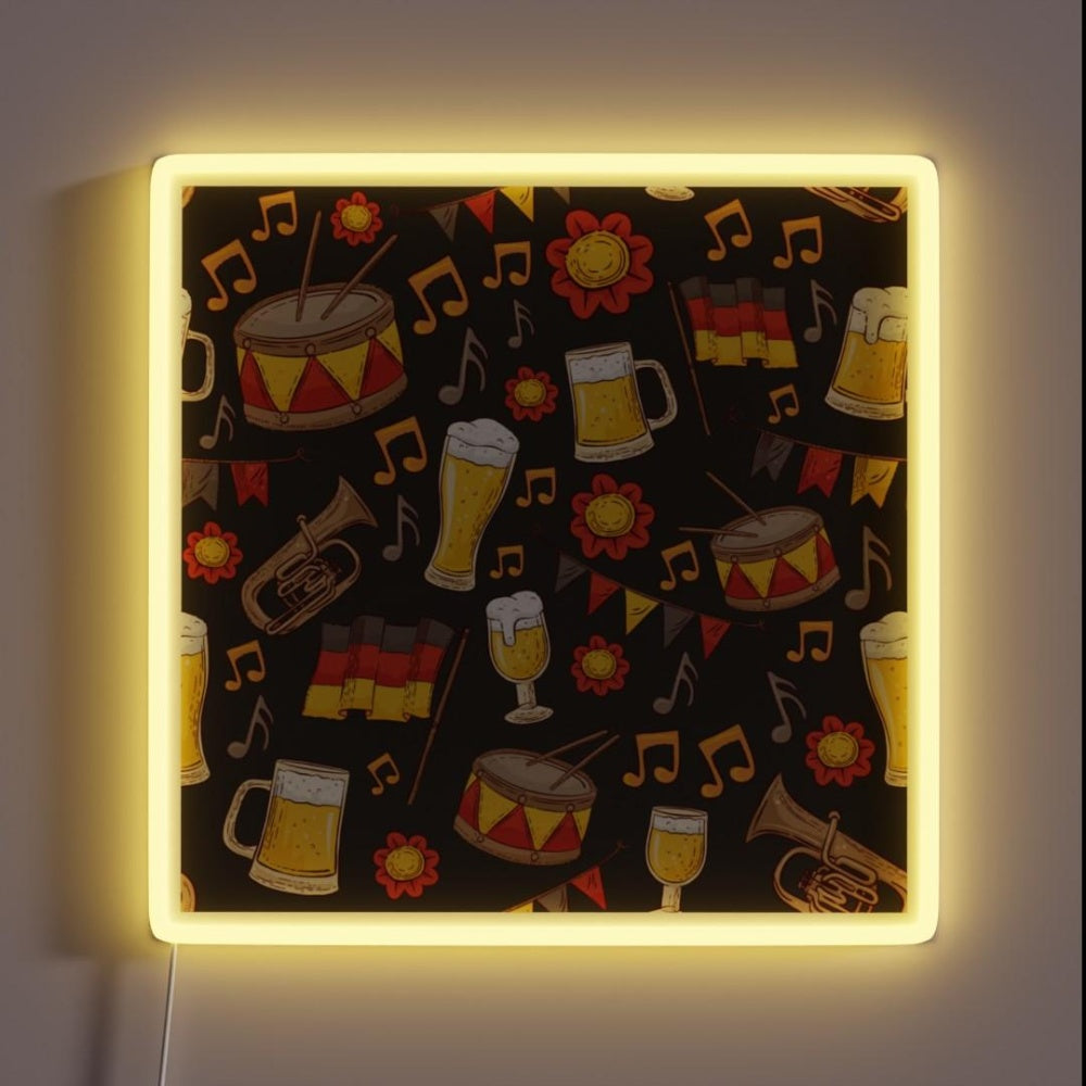 Music And Beer Oktoberfest Pattern Charcoal Rgb Led Neon Sign - Custom LED neon sign front view