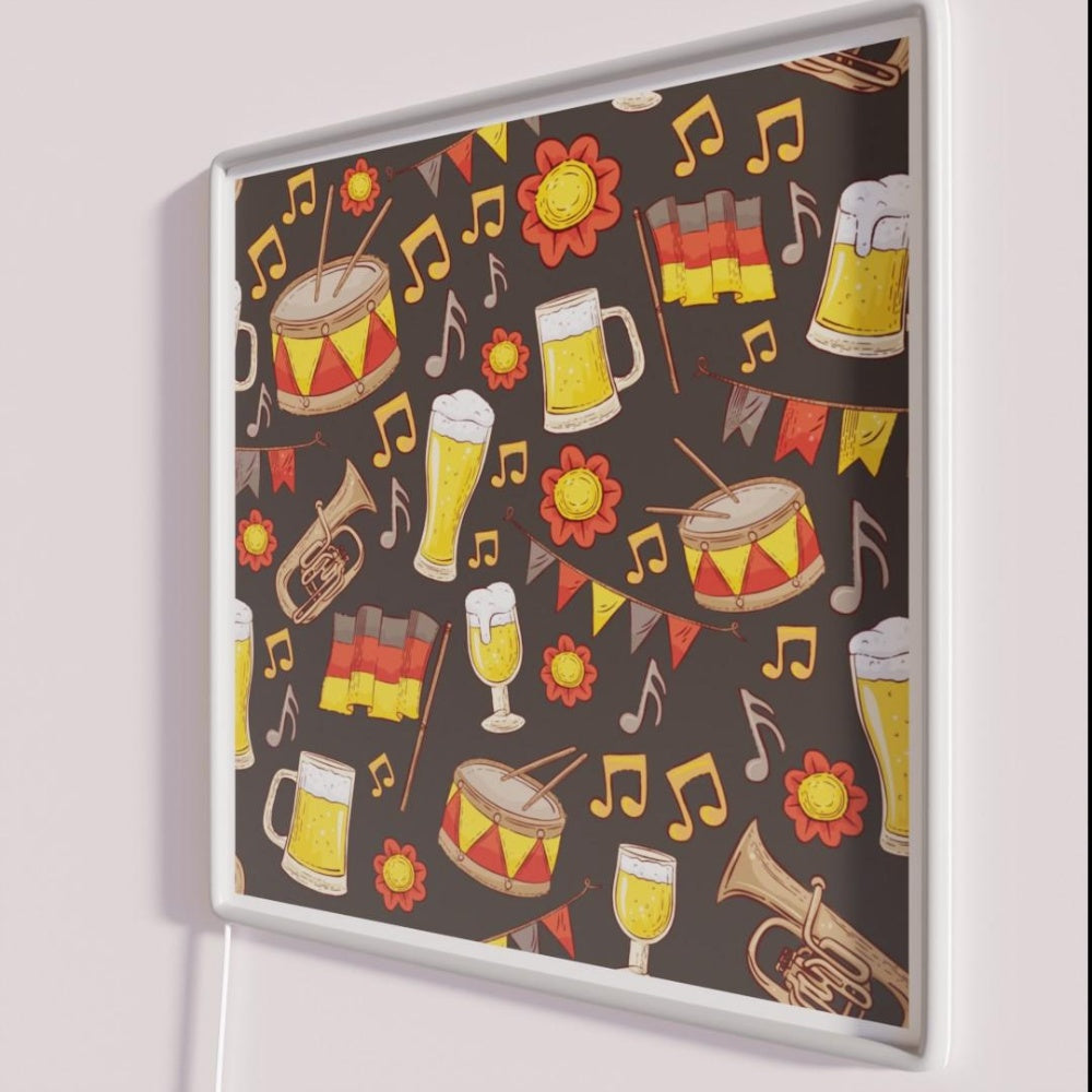 Music And Beer Oktoberfest Pattern Charcoal Rgb Led Neon Sign - Neon sign mounted on wall in room