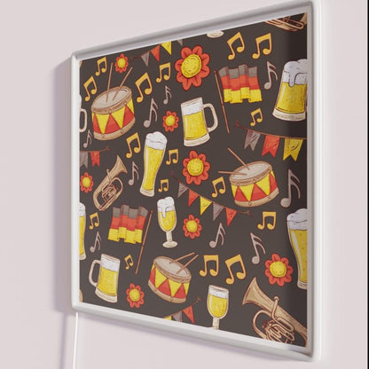 Music And Beer Oktoberfest Pattern Charcoal Rgb Led Neon Sign - Neon sign mounted on wall in room