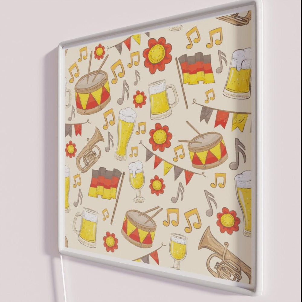 Music And Beer Oktoberfest Pattern Cream Rgb Led Neon Sign - Neon sign mounted on wall in room