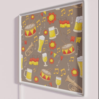 Music And Beer Oktoberfest Pattern Dark Chocolate Rgb Led Neon Sign - Neon sign mounted on wall in room
