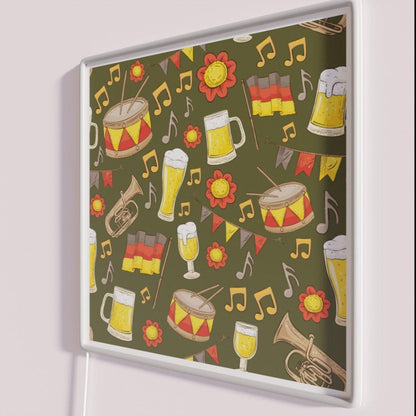 Music And Beer Oktoberfest Pattern Forest Green Rgb Led Neon Sign - Neon sign mounted on wall in room