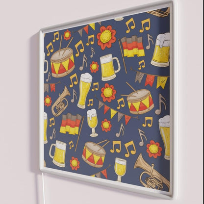 Music And Beer Oktoberfest Pattern Navy Rgb Led Neon Sign - Neon sign mounted on wall in room
