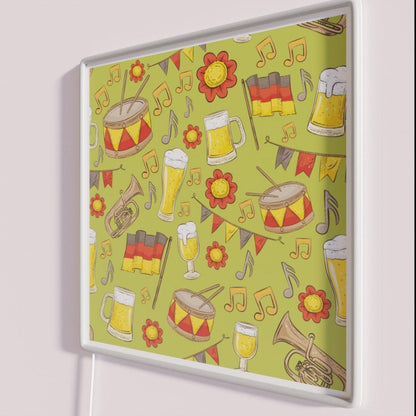 Music And Beer Oktoberfest Pattern Olive Rgb Led Neon Sign - Neon sign mounted on wall in room