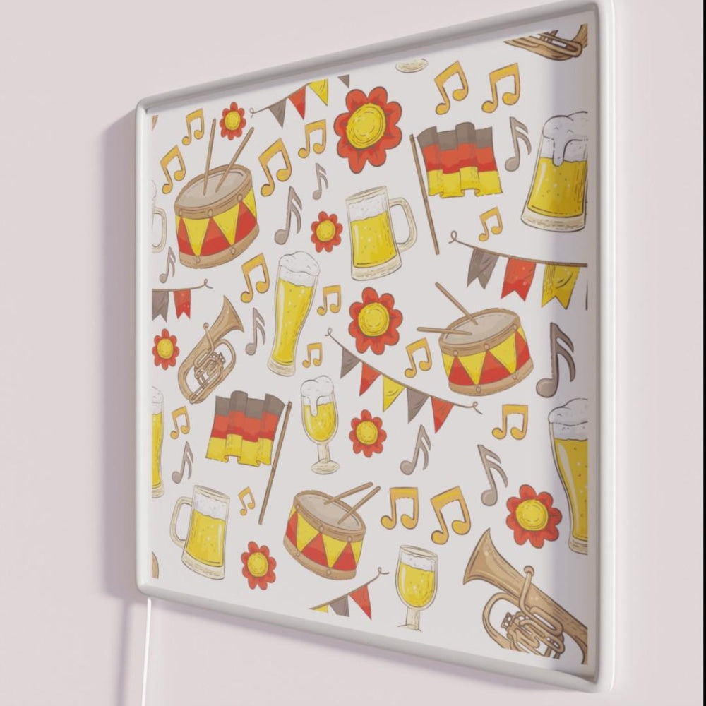 Music And Beer Oktoberfest Pattern White Rgb Led Neon Sign - Neon sign mounted on wall in room