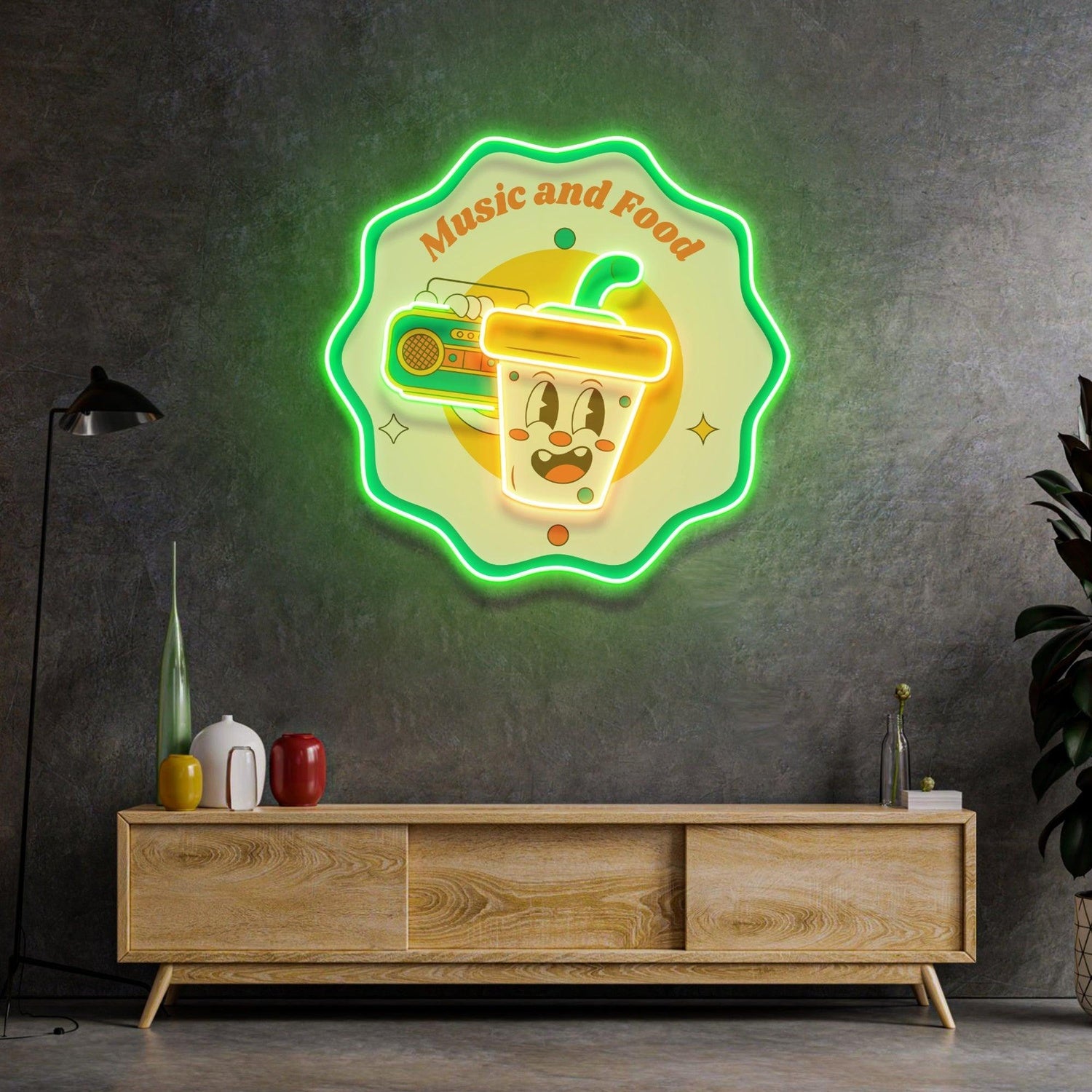 Music And Food Uv Printed Led Neon Sign With Cartoon Drink Retro Radio For Home Cafe | Shineneon