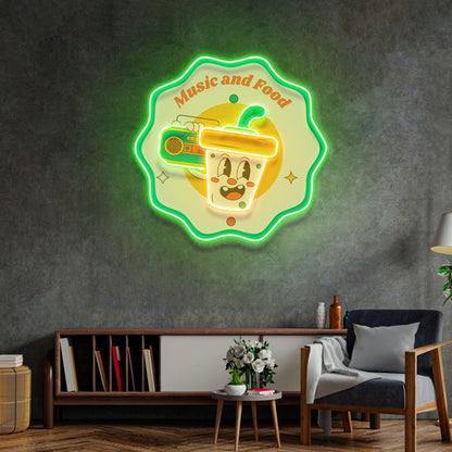 Music And Food Uv Printed Led Neon Sign With Cartoon Drink Retro Radio For Home Cafe | Shineneon