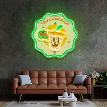 Music And Food Uv Printed Led Neon Sign With Cartoon Drink Retro Radio For Home Cafe | Shineneon