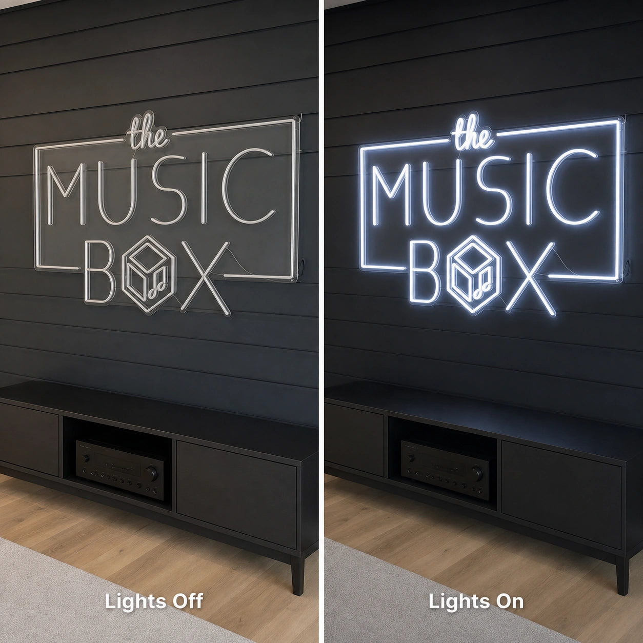 Music Box LED Neon Sign Man Cave Neon Sign day and night comparison