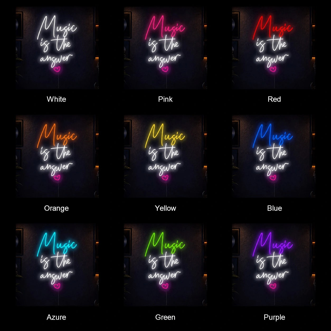 Music Is The Answer Heart LED Neon Sign color grid