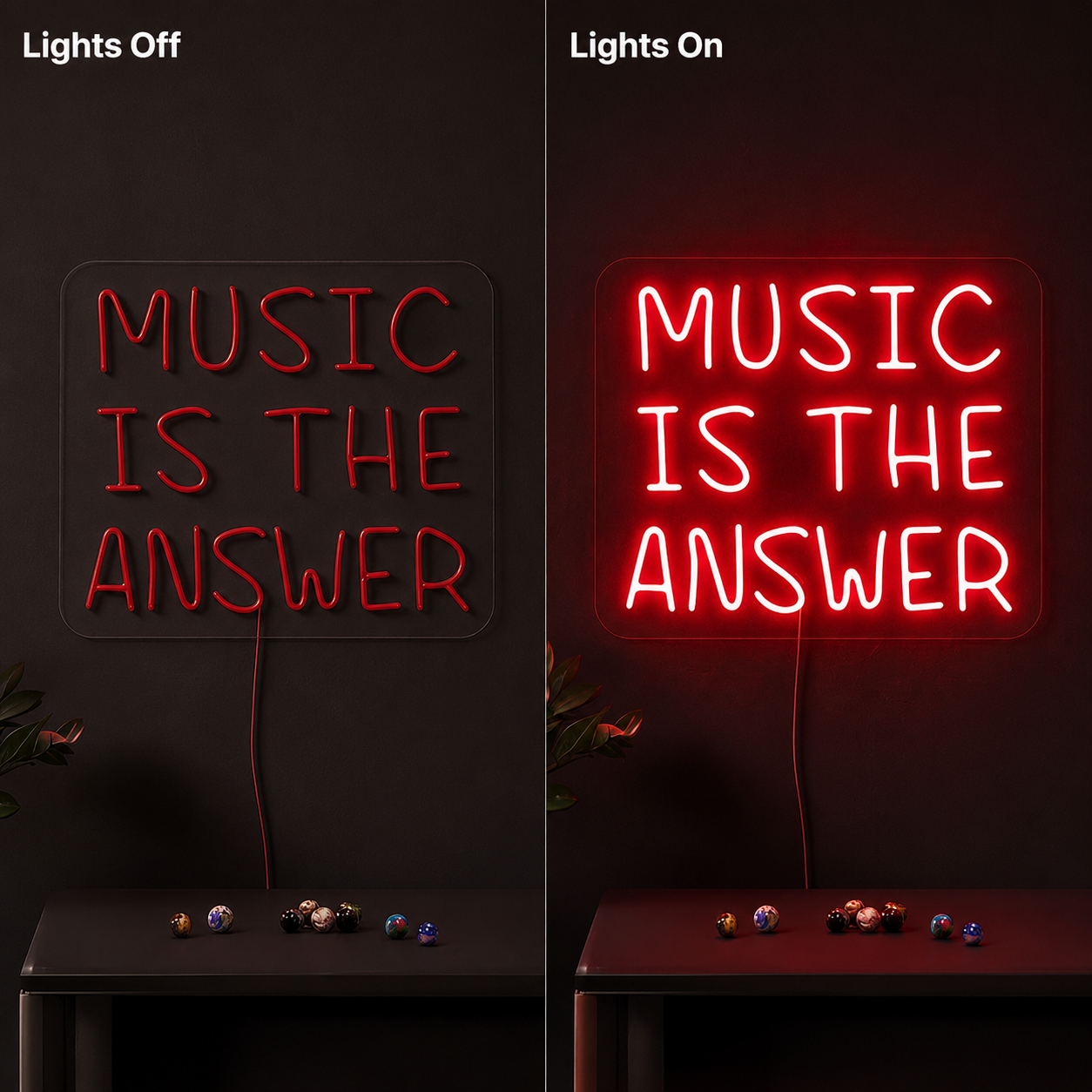 Music Is The Answer LED Neon Sign - 06 Day Night Comparison