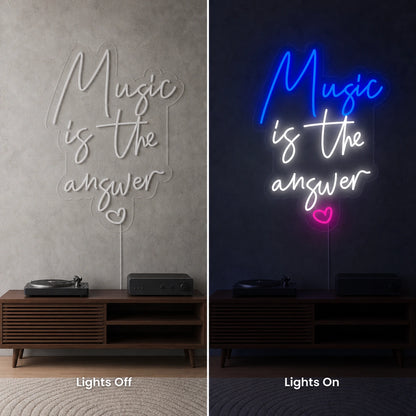 Music Is The Answer LED Neon Sign Garage Neon Sign day and night comparison