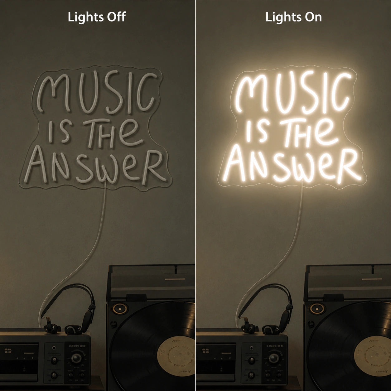 Music Is The Answer Neon Sign Wall Art LED Neon Sign day and night comparison