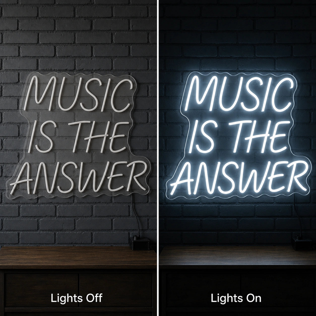 Music Is The Answer Wall Decor LED Neon Sign Garage Neon Sign day and night comparison
