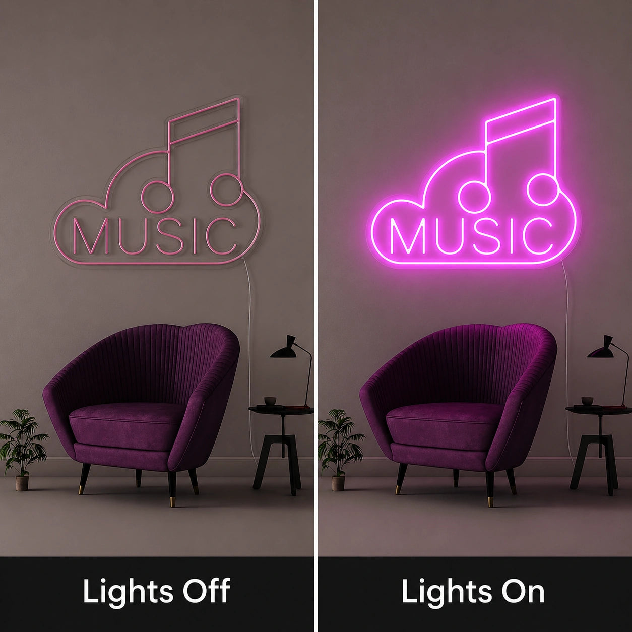 Music Note Neon Sign LED Neon Sign day and night comparison