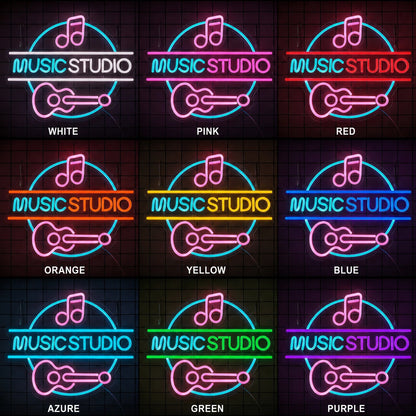 Music Studio Guitar LED Neon Sign day and night comparison