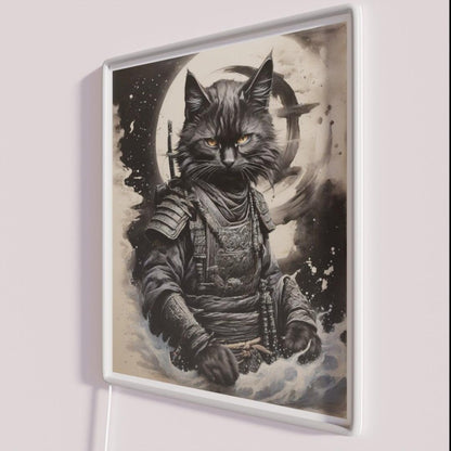 Mysterious Black Cat Warrior Cat Cat Samurai Rgb Led Neon Sign - Neon sign mounted on wall in room