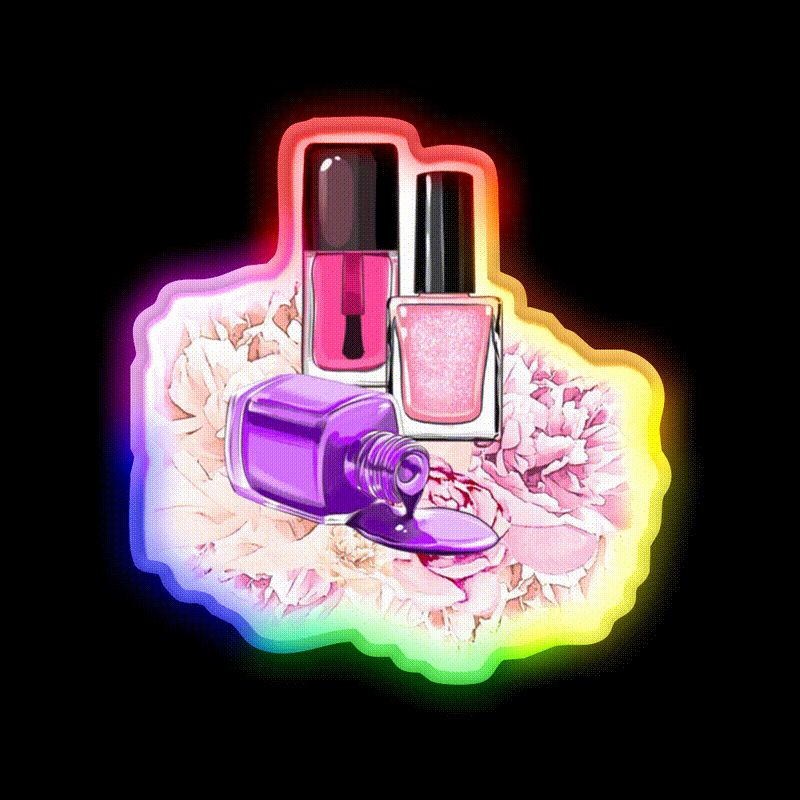 Nail Polish Bottles And Peony Flowers Nail Salon Led Neon Sign Rgb Color - LED neon sign close-up detail