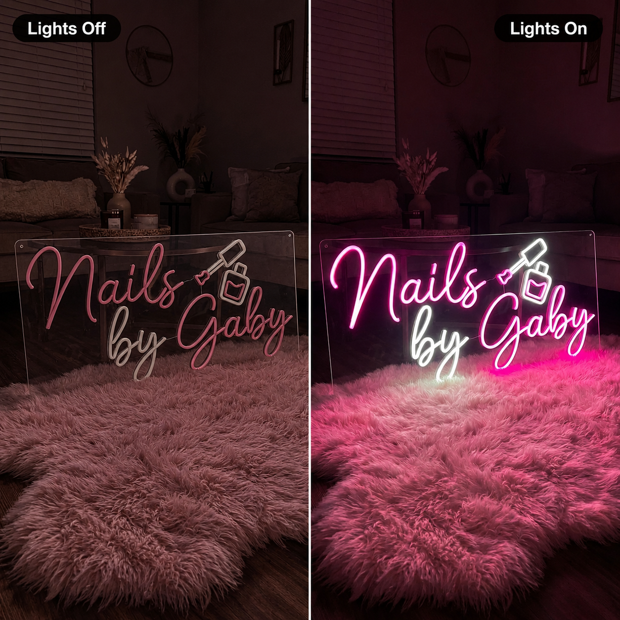 Nails By Gaby LED Neon Sign - 06 Day Night Comparison