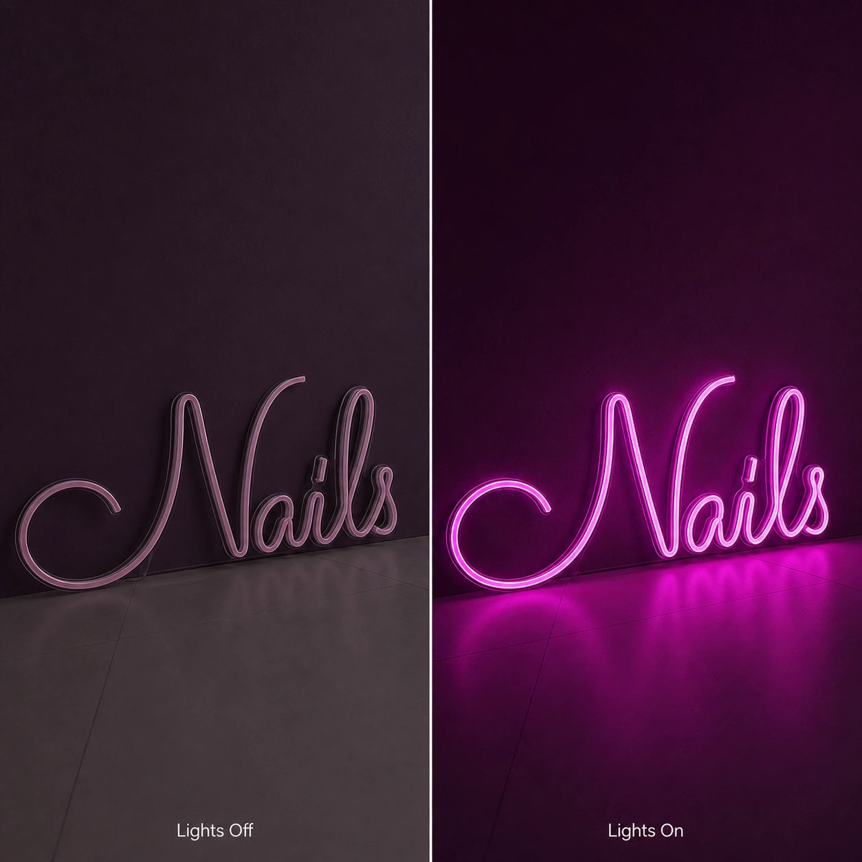 Nails Wall Art LED Neon Sign Garage Man Cave Neon Sign day and night comparison