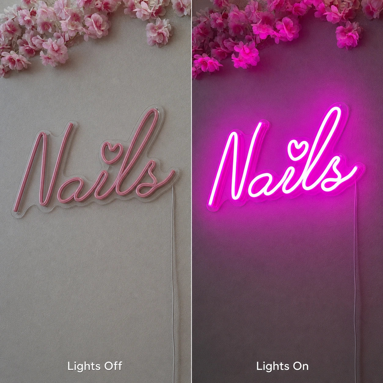 Nails Wall Decor LED Neon Sign Garage Man Cave Neon Sign day and night comparison