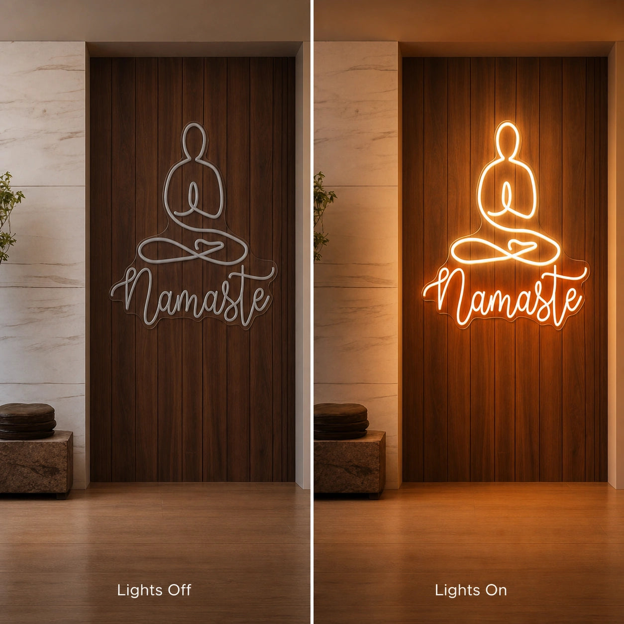 Namaste LED Neon Sign Garage Man Cave Neon Sign day and night comparison