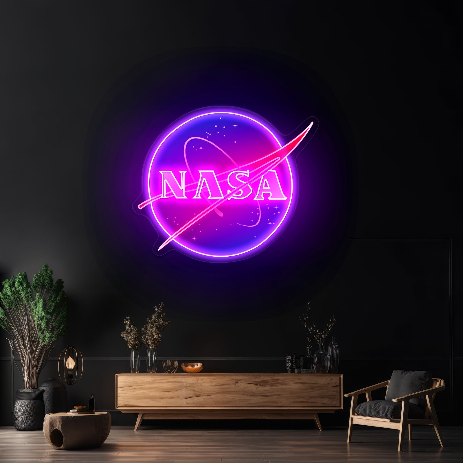 Nasa Logo Artwork Neon Garage Signs - Neon sign mounted on wall in room