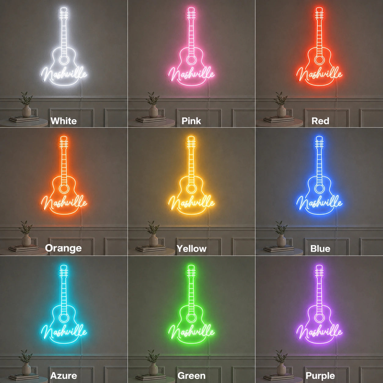 Nashville Acoustic Guitar LED Neon Sign color grid
