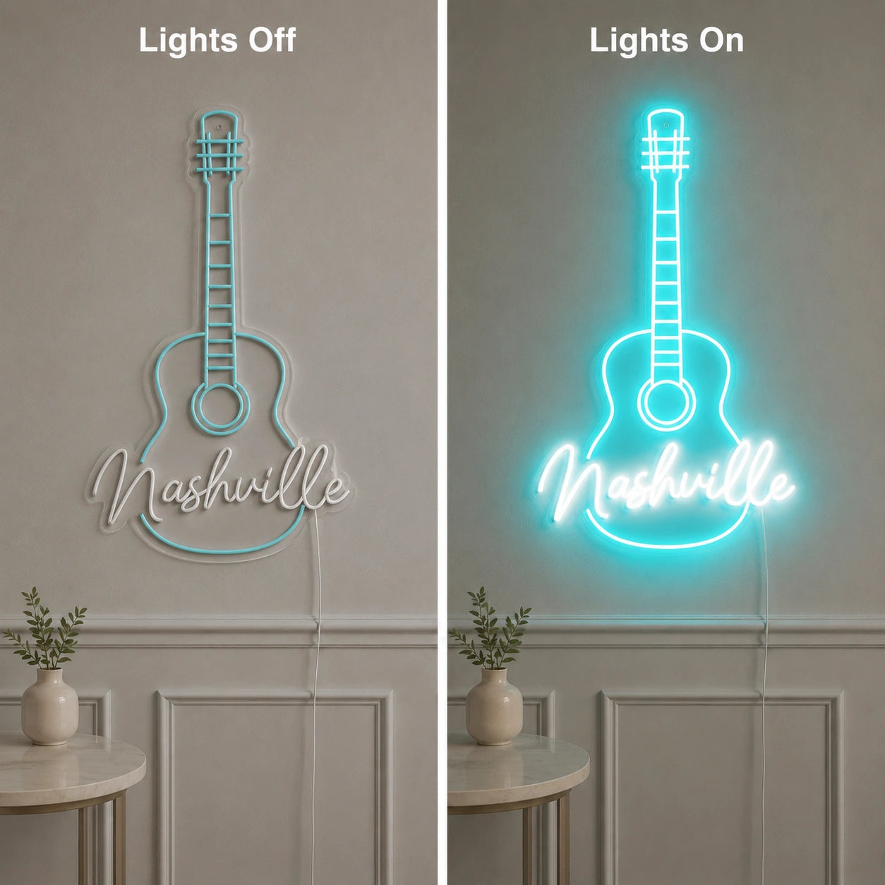 Nashville Acoustic Guitar LED Neon Sign day and night comparison