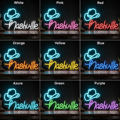 Nashville Cowboy Hat LED Neon Sign day and night comparison