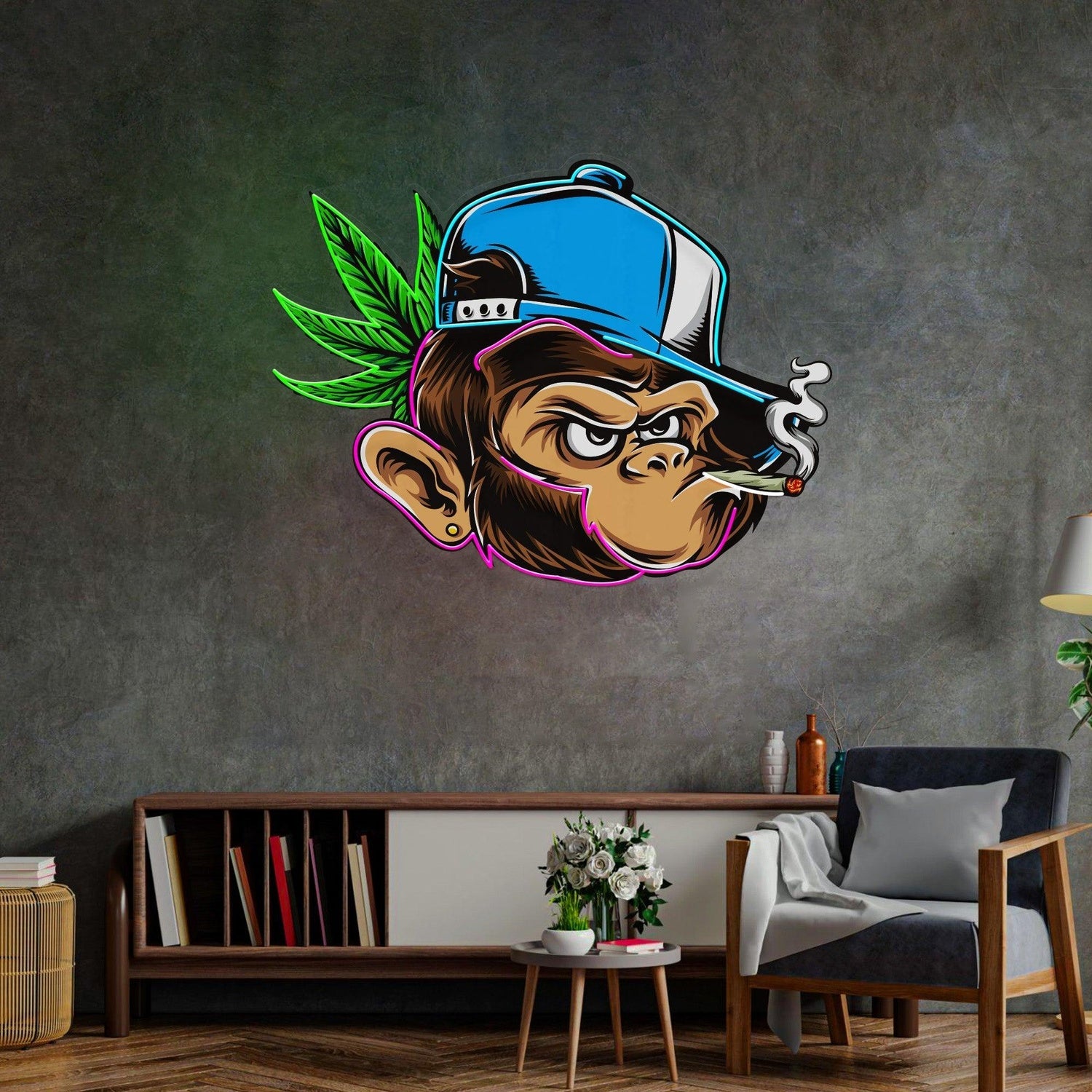Naughty Monkey Blue Green Pink Uv Printed Led Neon Sign Artwork For Indoor Wall Decor | Shineneon