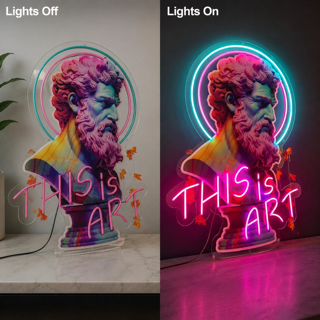 Neon Art Bust Neon Sign LED Neon Sign day and night comparison