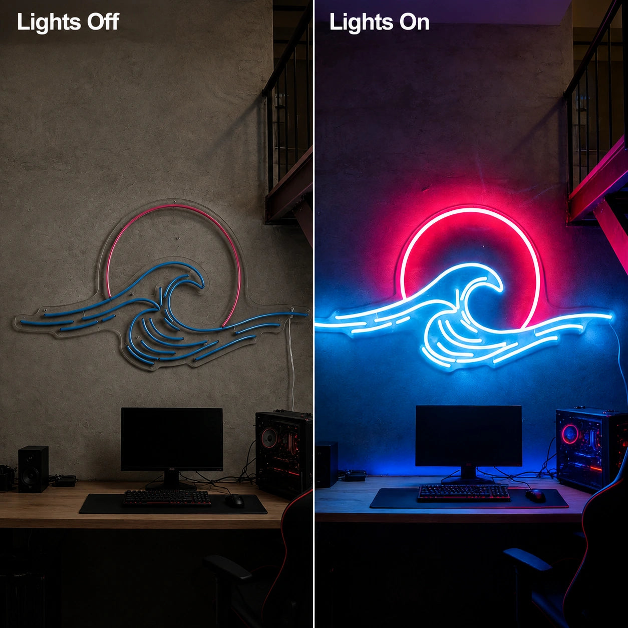 Neon Sunset Wave Neon Sign LED Neon Sign day and night comparison