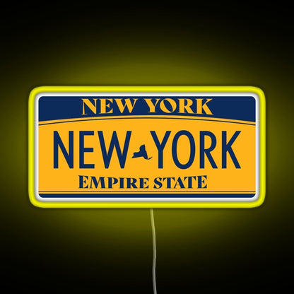 New York License Plate Sticker Rgb Neon Sign - Neon sign mounted on wall in room