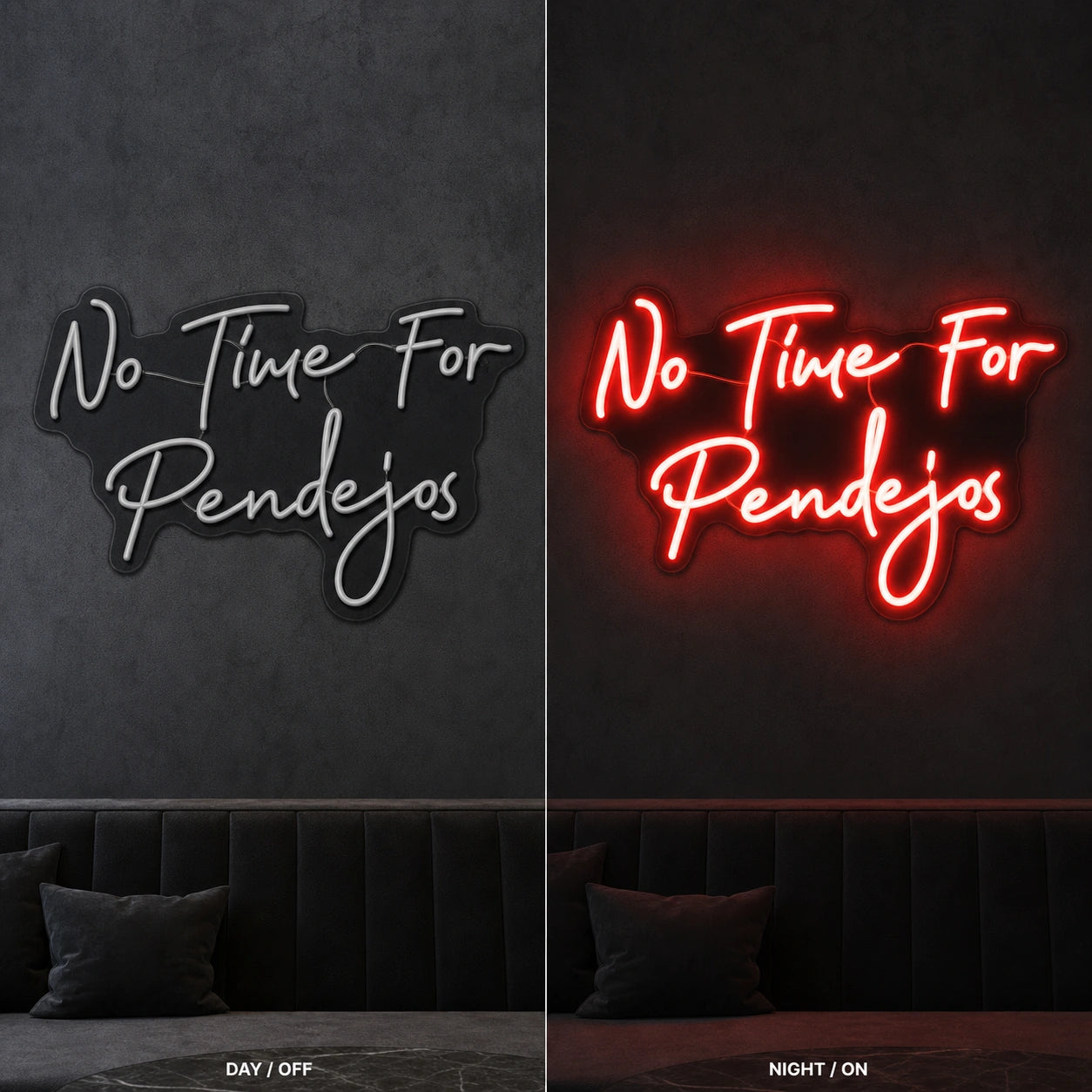 No Time For Pedigos LED Neon Sign Garage Man Cave Neon Sign day and night comparison