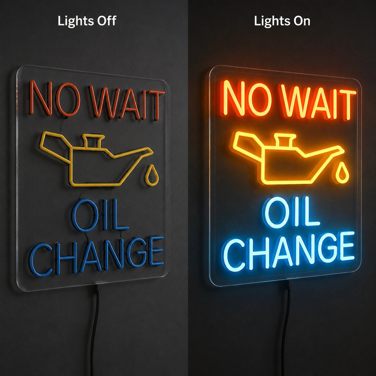 No Wait Oil Change Neon Sign LED Neon Sign day and night comparison