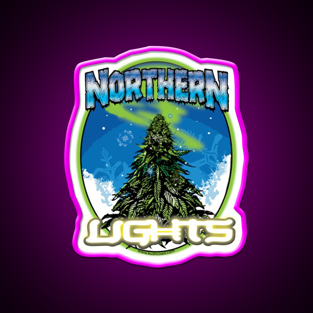 Northern Lights Strain Art Hemp Inspired Green Leaf Led Neon Sign Rgb Color - Neon sign mounted on wall in room
