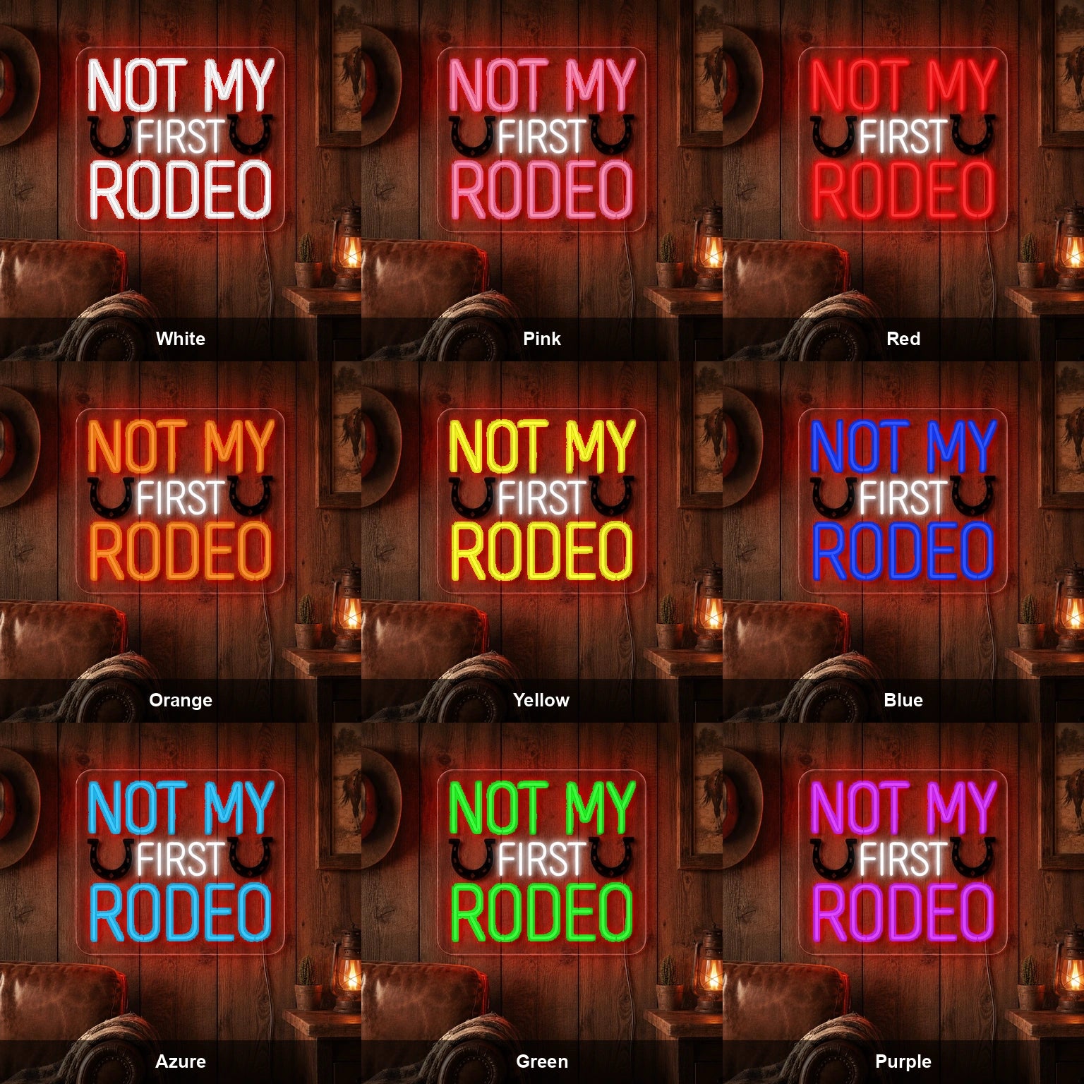 Not My First Rodeo Horseshoes LED Neon Sign color grid