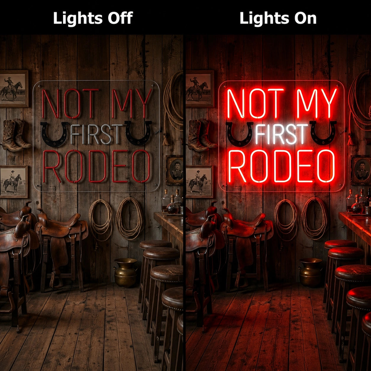 Not My First Rodeo Neon Sign LED Neon Sign day and night comparison