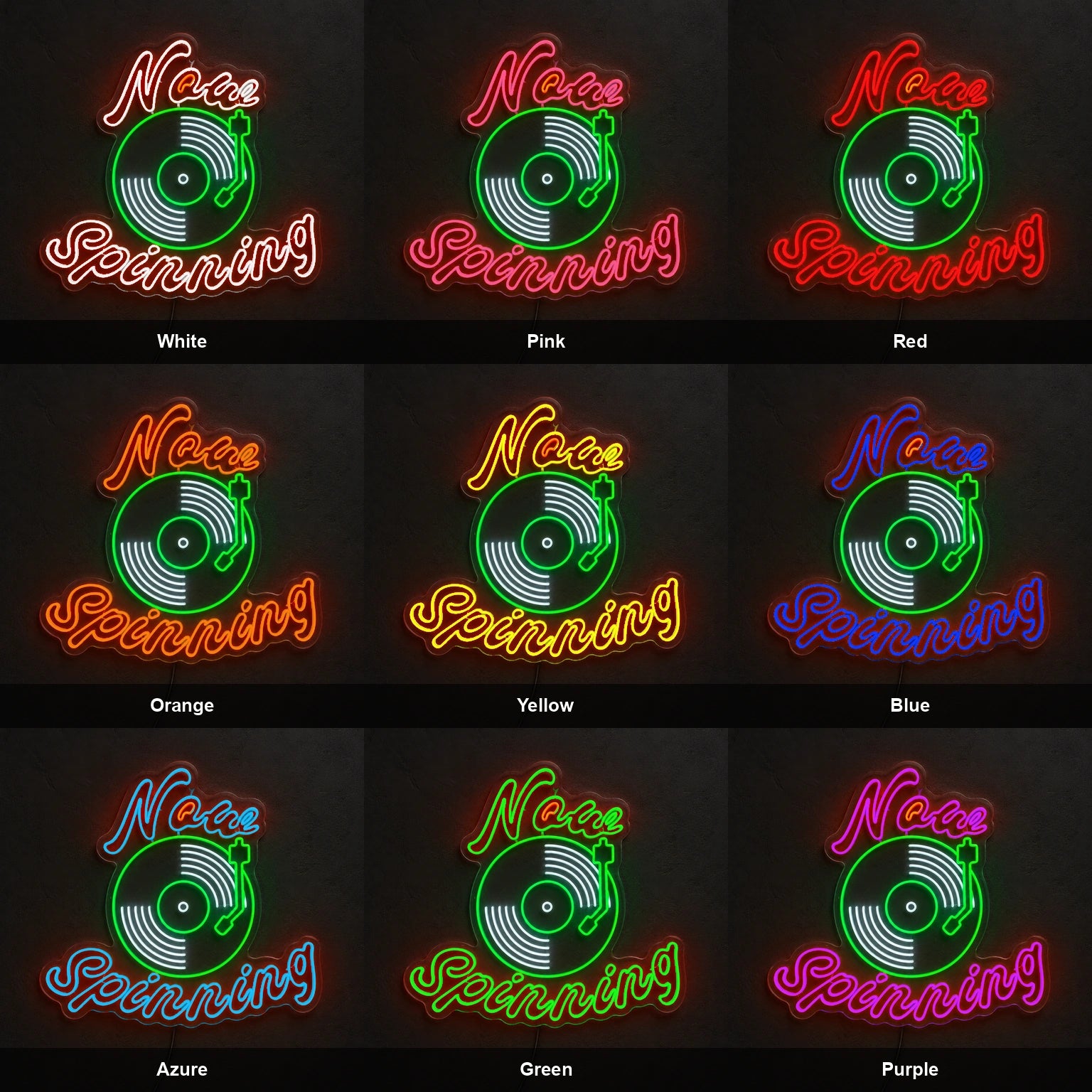 Now Spinning Record Player LED Neon Sign color grid