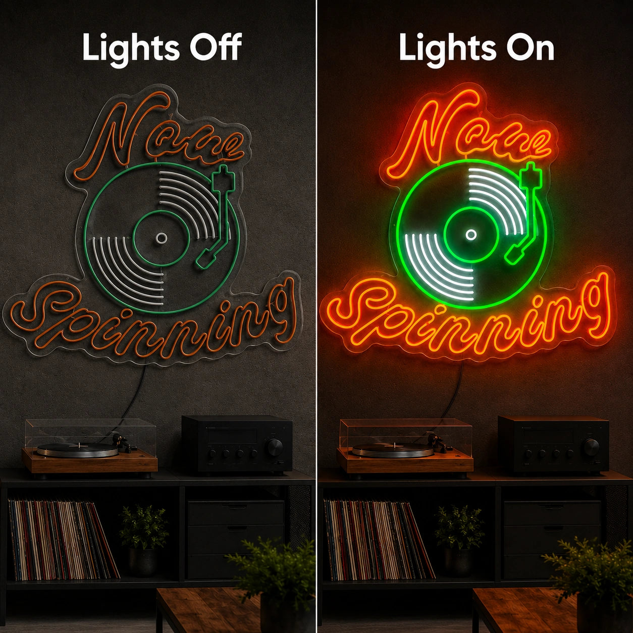 Now Spinning Record Player LED Neon Sign day and night comparison
