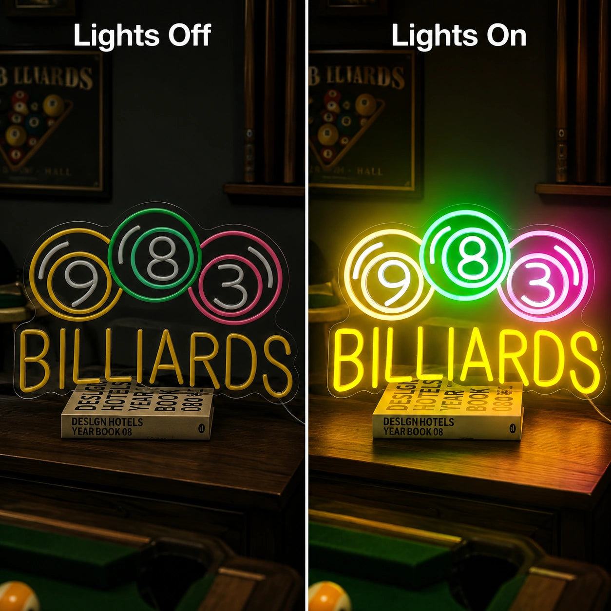 Numbered Billiards Balls Neon Sign LED Neon Sign day and night comparison