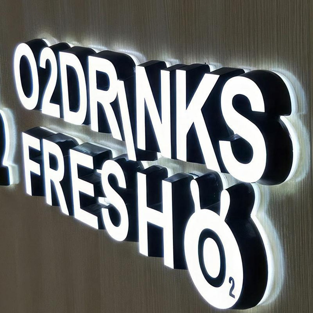 O2Drnks Fresh 3D Front And Back Lit Letters Metal Led Sign